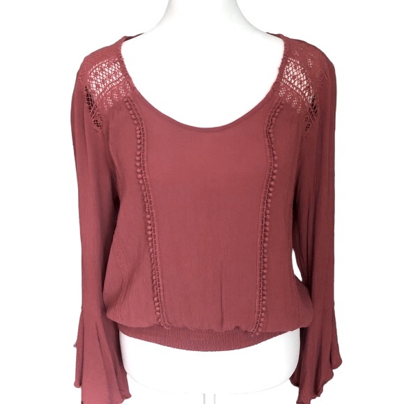 Express Rayon Bell Sleeve Scoop Neck Elastic Waist Blouse Crochet Detail Sz. Sm - Picture 15 of 15